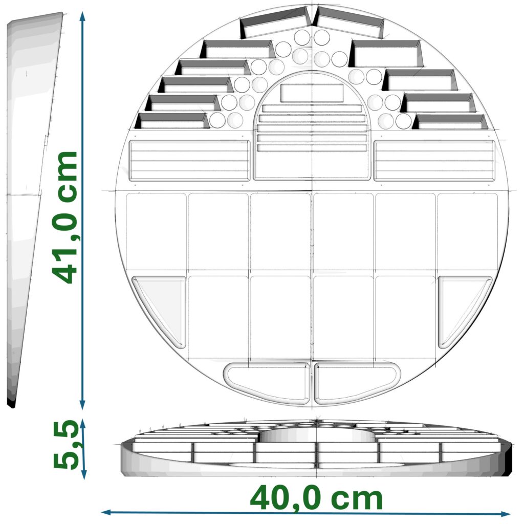 Skizze mit den Maßen des Dominion-Stielebretts.